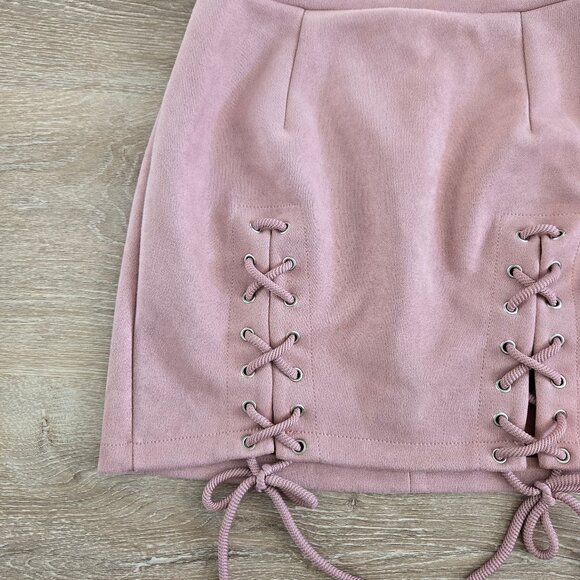 Mini Skirt High-Waist Small Faux Suede Bodycon Sexy Lace-Up Criss Cross Split - Picture 7 of 14